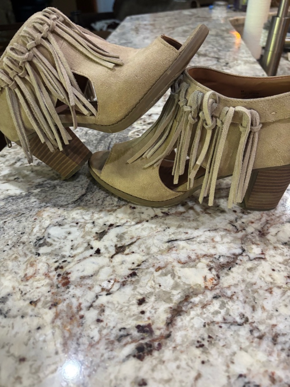 Fringe Suede Peep-Toe Block Heel Sandal - Taupe